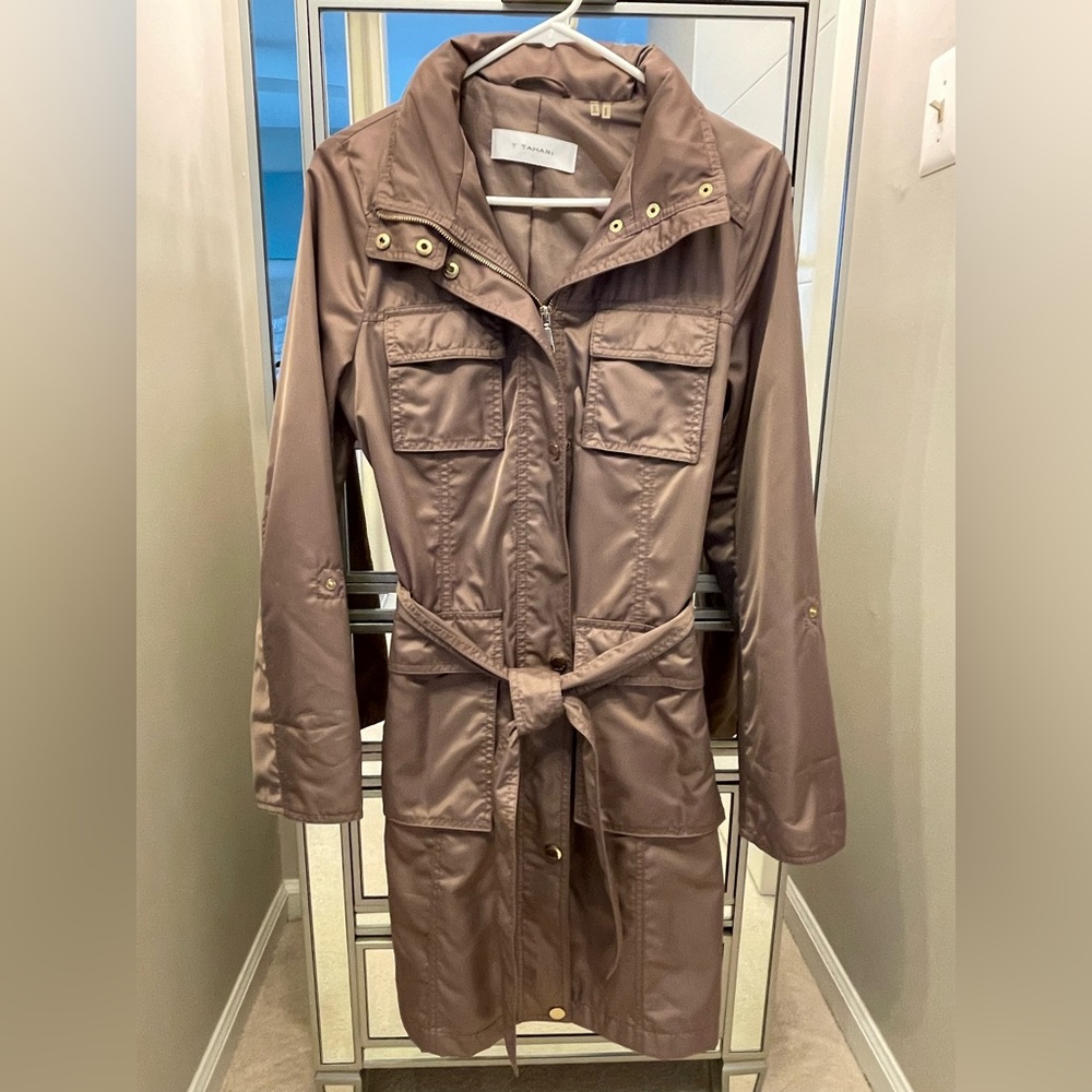 Pristine Golden-Bronze Tahari Hooded Trench Raincoat with Belt.